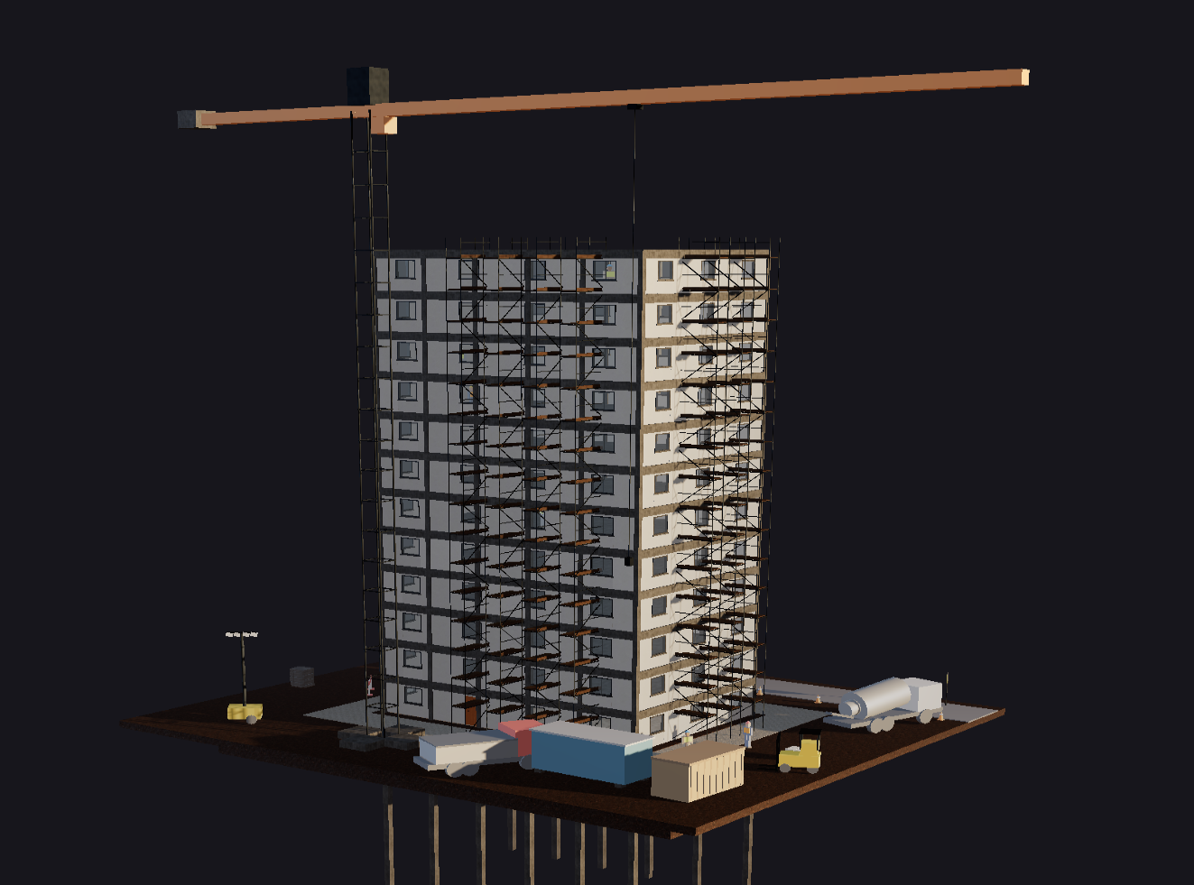 Edificio en construcción con grúa torre y maquinaria